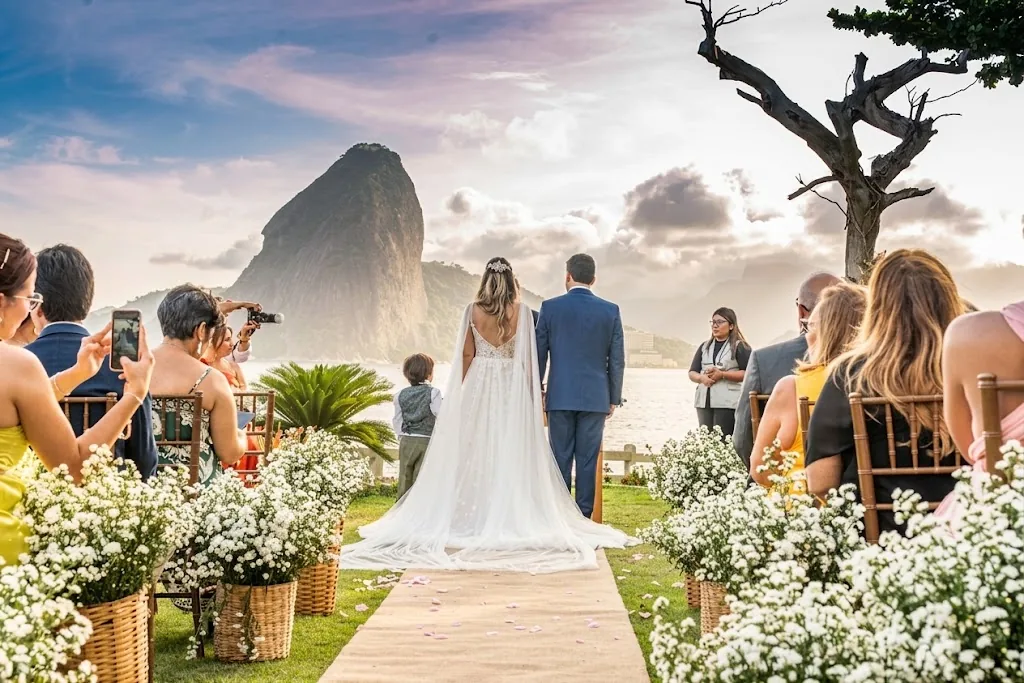 Casal no altar em uma cerimônia de casamento ao ar livre, com o Pão de Açúcar ao fundo, no Rio de Janeiro